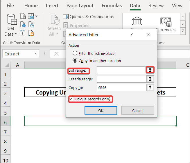 Using Advance filtering excel copy unique values to another worksheet-2