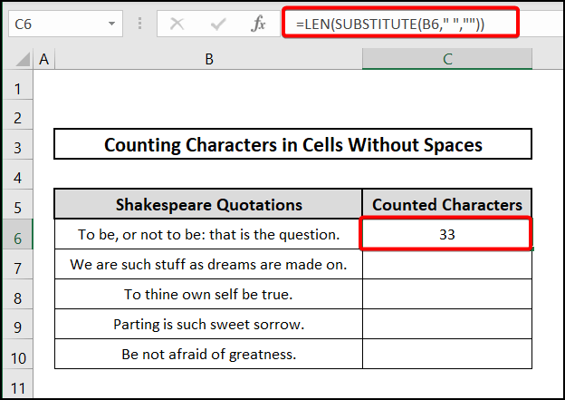 USing LEN & SUBSTITUTE functions to count characters in cells without spaces in Excel