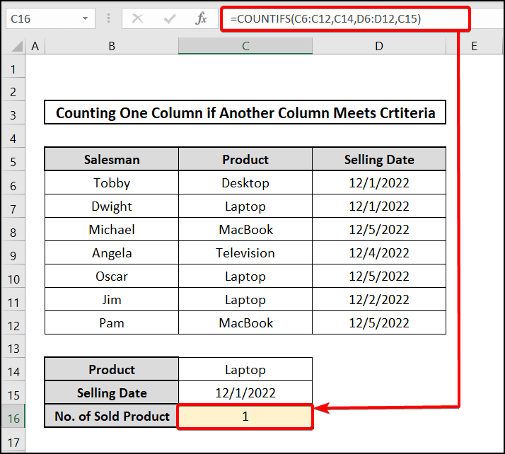 COUNTIFS function to count one column if another column meets criteria 