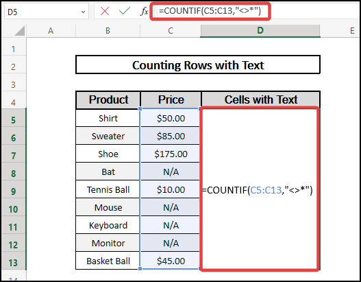 excel count rows with text using COUNTIF function