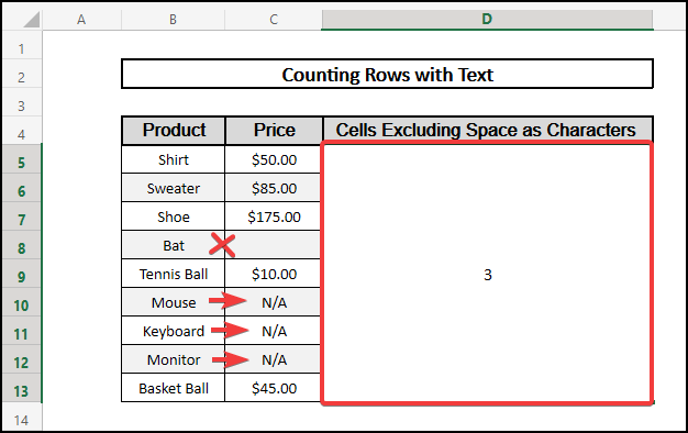 excel count rows with text without space 