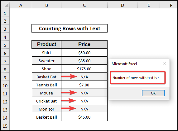 excel count rows with text VBA