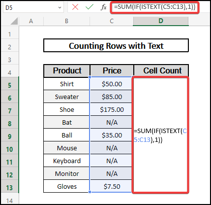 excel count rows with text using array of SUM IF ISTEXT
