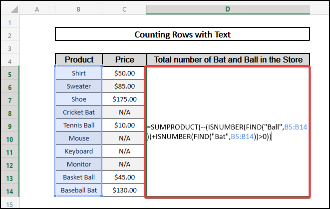 excel count rows with text using SUMPRODUCT ISNUMBER FIND function