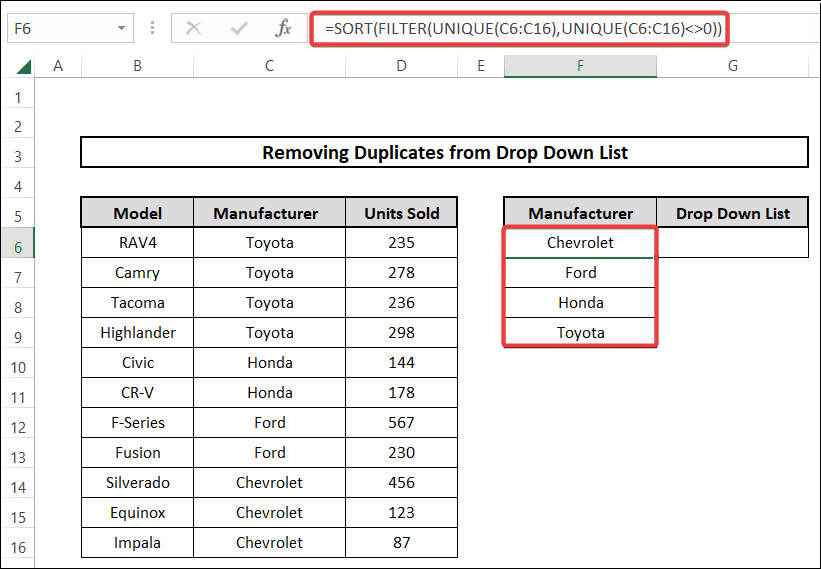 how to remove duplicates from drop down list in excel by merging sort, filter and unique functions