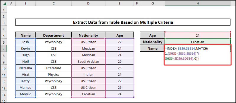 excel extract data from table based on multiple criteria using INDEX MATCH functions