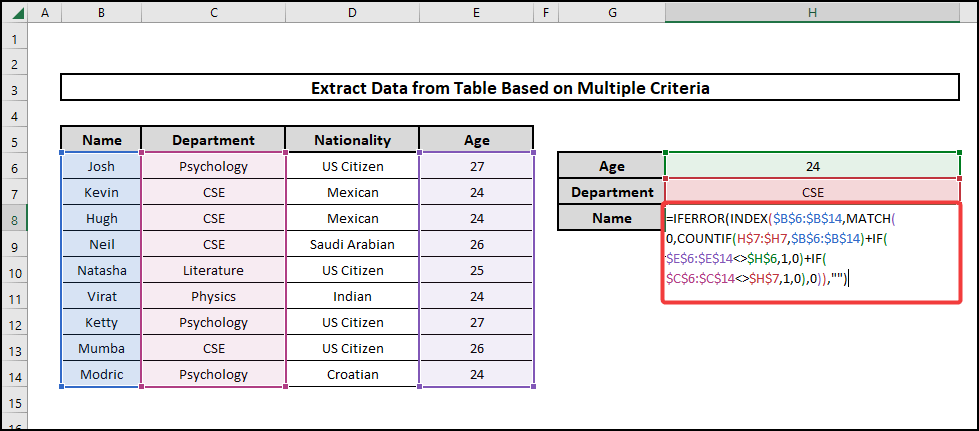 excel extract data from table based on multiple criteria INDEX MATCH COUNTIF function