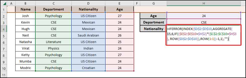 excel extract data from table based on multiple criteria Using IFERROR INDEX AGGREGATE functions