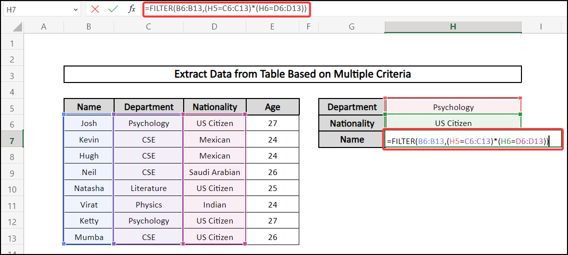 excel extract data from table based on multiple criteria Using filter function