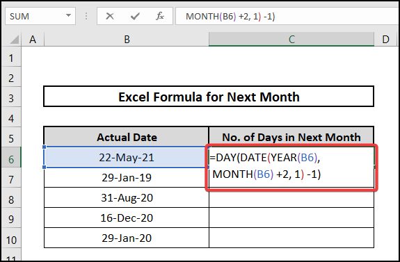 excel formula for next month using DAY DATE YEAR MONTH Function