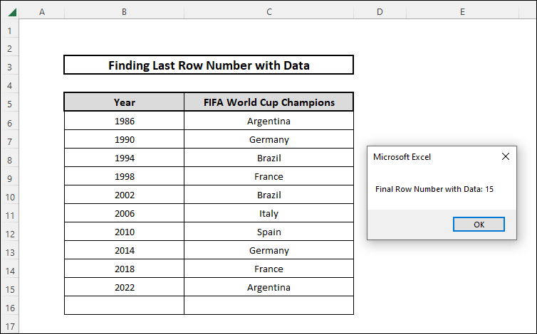 excel formula to find last row number with data by writing a VBA Code
