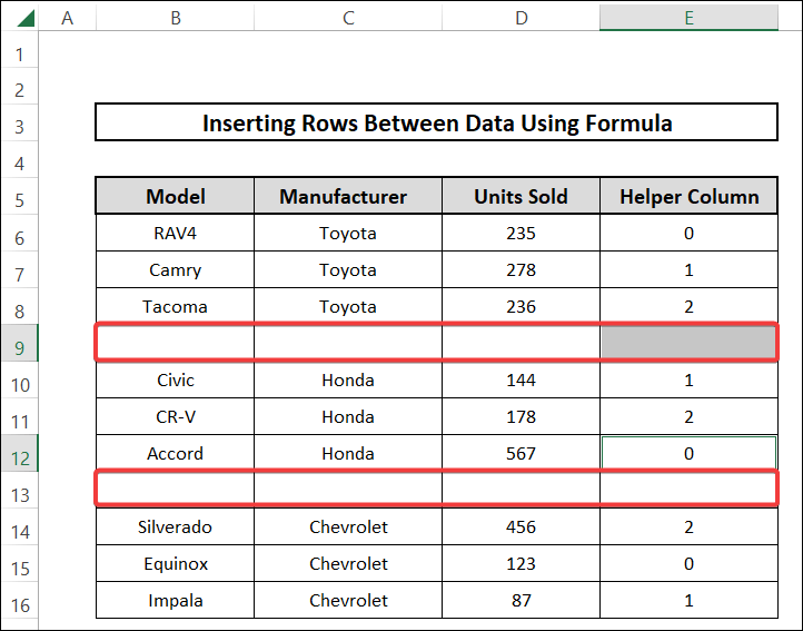 how to insert rows between data coalescing mod and row functions to create formula 