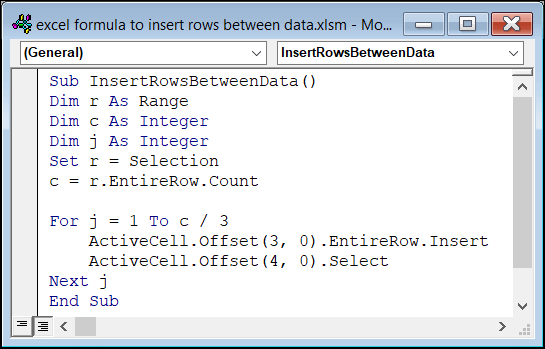 how to insert rows between data using formula and embedding vba code 