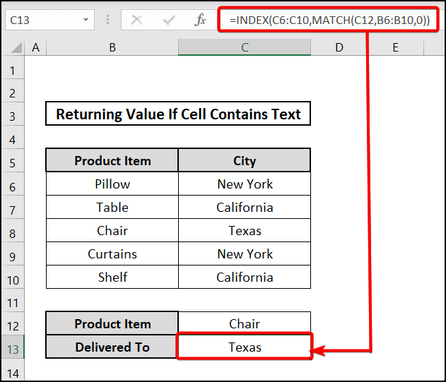 INDEX & MATCH functions to return value if a cell contains text in Excel