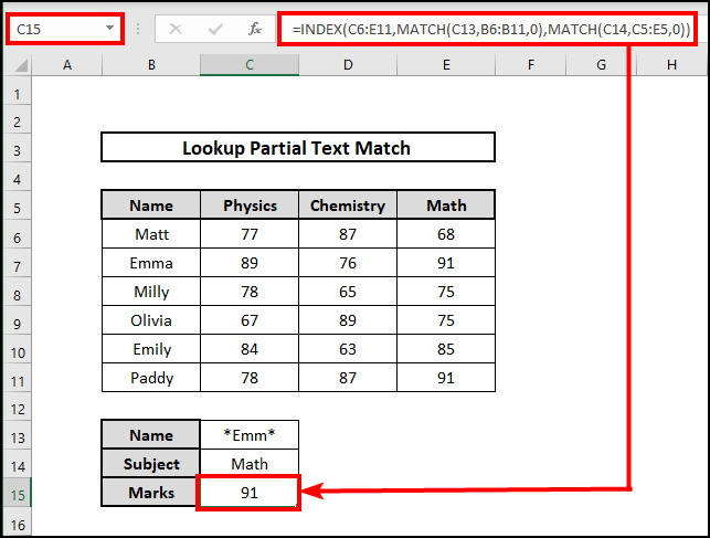 INDEX-MATCH function to lookup a partial text match in Excel