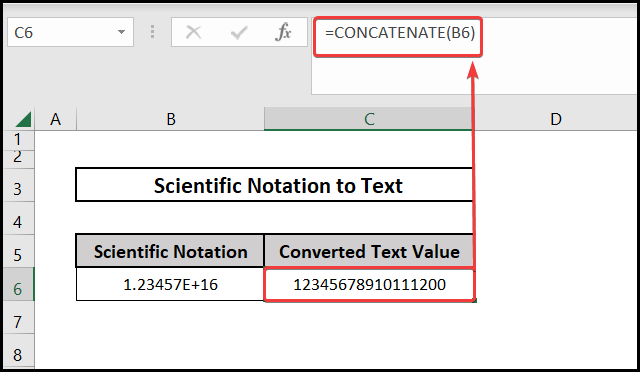 Using the CONCATENATE function to convert excel scientific notation to text