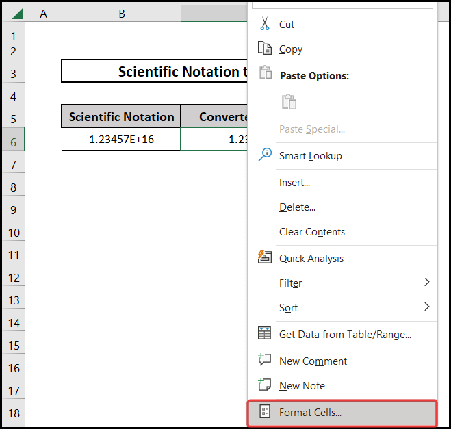 Using Format Cells to convert excel scientific notation to text