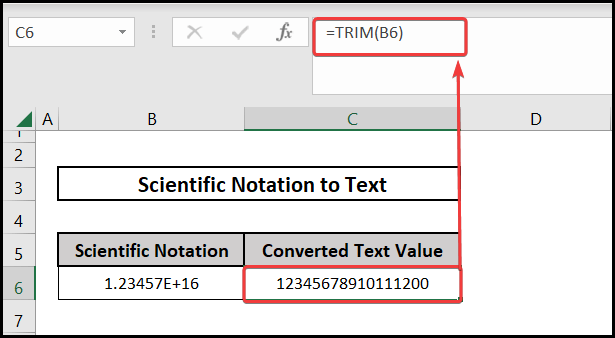 Using the TRIM function to convert excel scientific notation to text