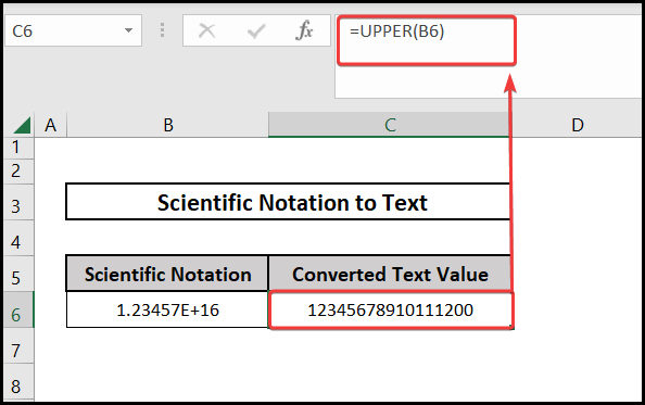Using the UPPER function to convert excel scientific notation to text