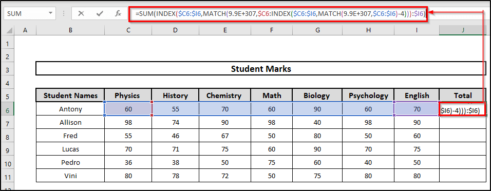 Combining INDEX and MATCH Functions to SUM the Last 5 Values in a Row in Excel