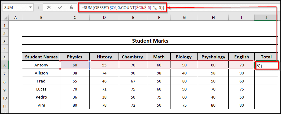 Utilizing OFFSET Function to SUM the Last 5 Values in a Row in Excel