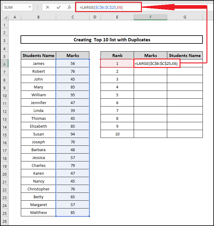 Large function for top 10 list with duplicates