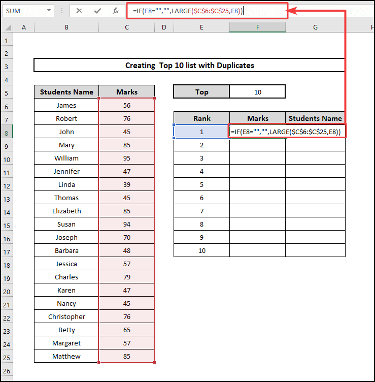 IF & LARGE functions for top 10 list with duplicates