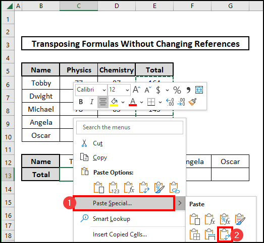 Paste Special to transpose formulas without changing references in Excel