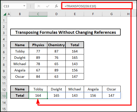 Employing TRANSPOSE function to transpose formulas without changing references in Excel