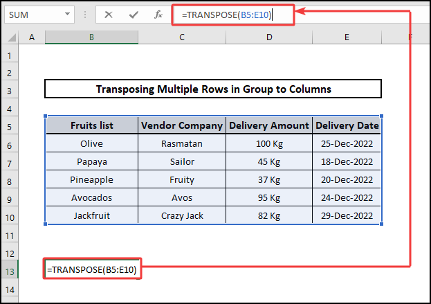 TRANSPOSE Function to transpose multiple rows in groups to columns