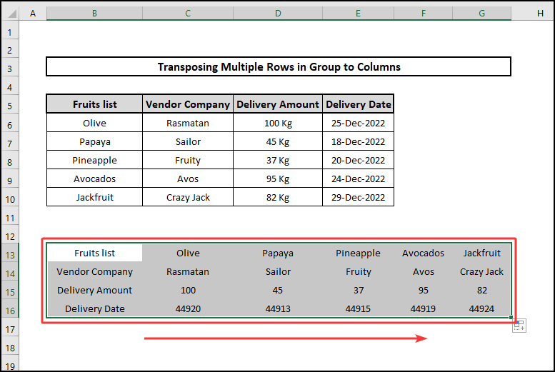 Drag to transpose multiple rows in groups to columns