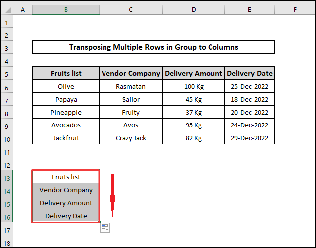 Dragging downward to transpose multiple Rows in group to columns