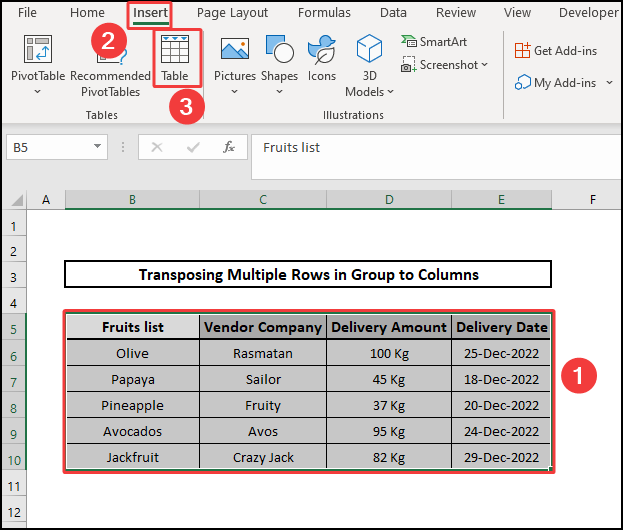 Inserting Table to transpose multiple rows in groups to columns