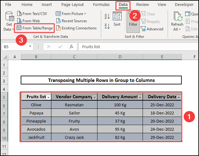 Data tab to transpose multiple Rows in group to columns