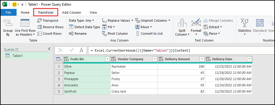 Transform tab in Power Query Editor to transpose multiple Rows in group to columns