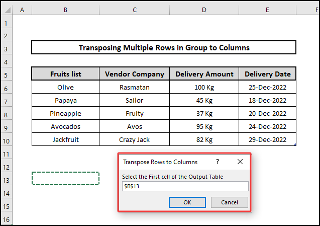selecting destination to transpose multiple Rows in group to columns