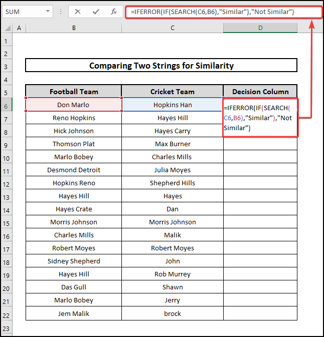 excel compare two strings for similarity utilizing SEARCH function