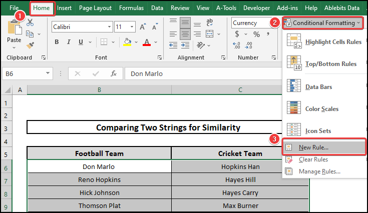 excel compare two strings for similarity Using New Rule Feature of Conditional Formatting
