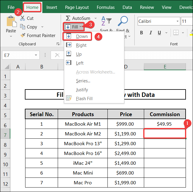 fill down to last row with data utilizing the fill option from excel ribbon