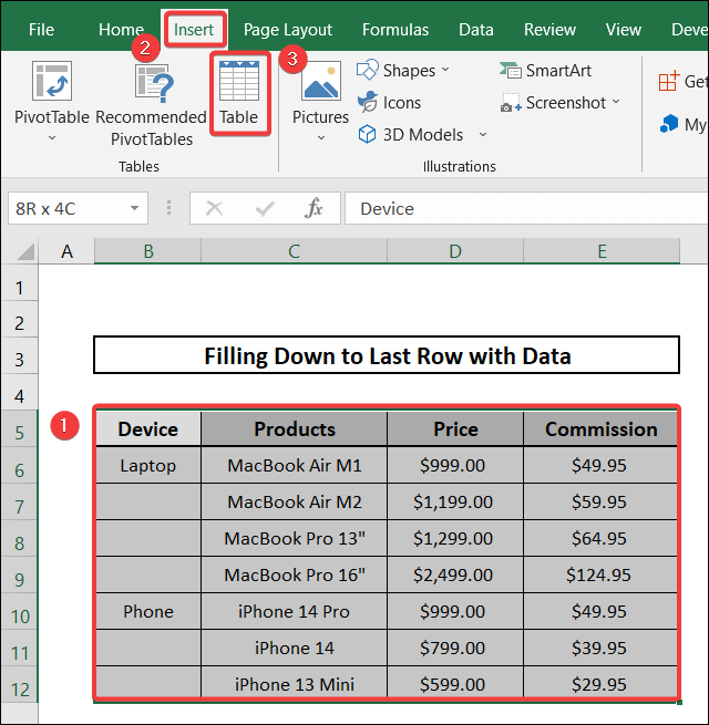 fill down to last row with data applying the power query