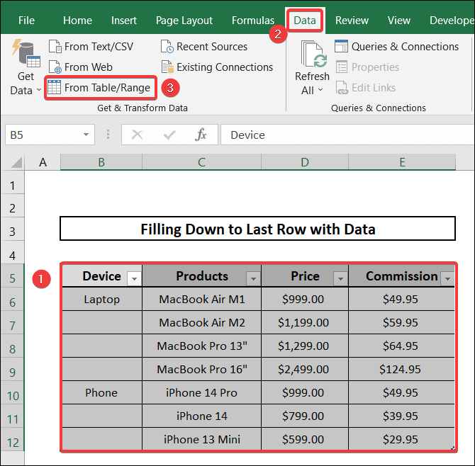 fill down to last row with data implementing the power query