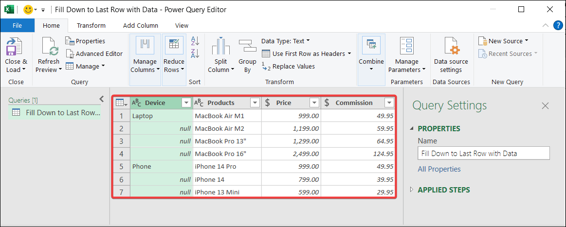 fill down to last row with data applying the power query