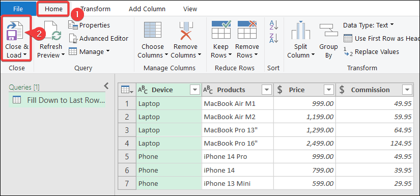 fill down to last row with data employing the power query