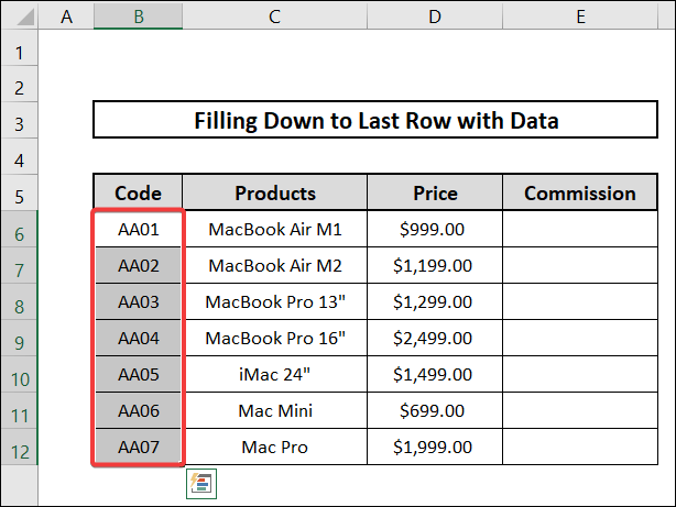 fill down to last row with data using fill handle