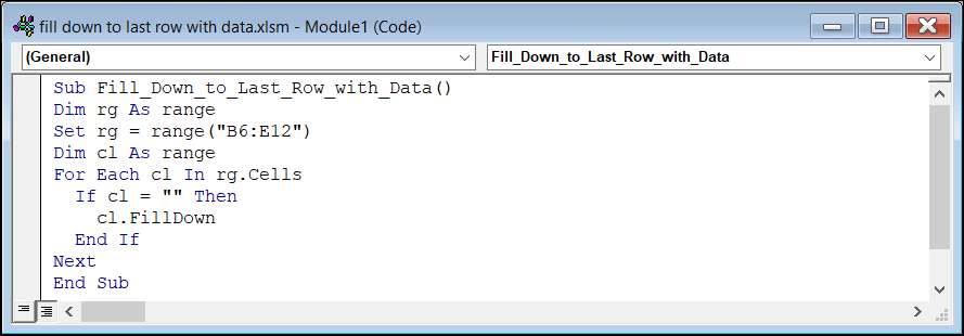 how to fill down to last row with data by executing vba code