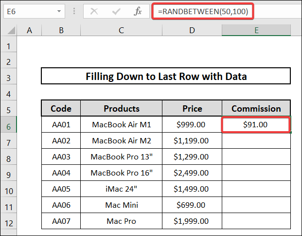 fill down to last row with data using randbetween function