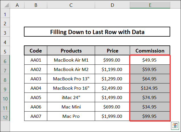 fill down to last row with data applying fill handle
