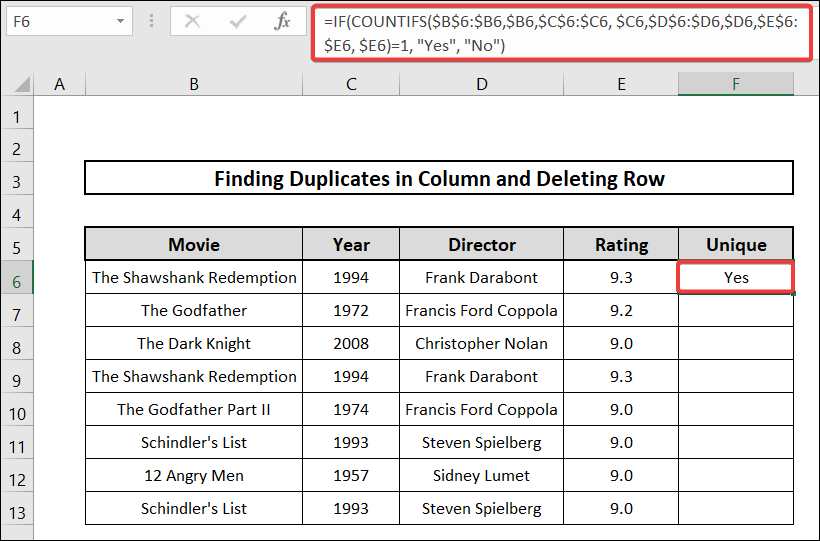 Filter duplicates in column and delete row in excel implementing if and countifs functions