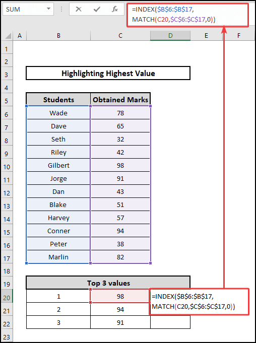 INDEX-MATCH formula to highlight highest value