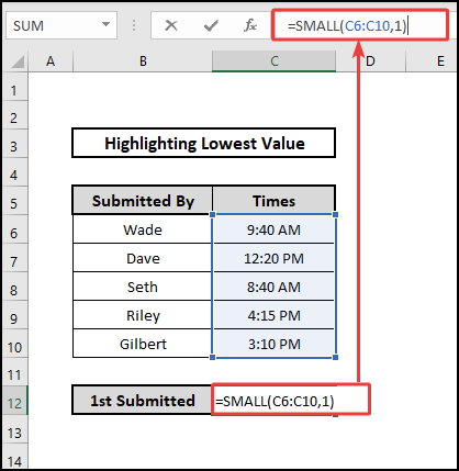 SMALL function for time to highlight lowest value
